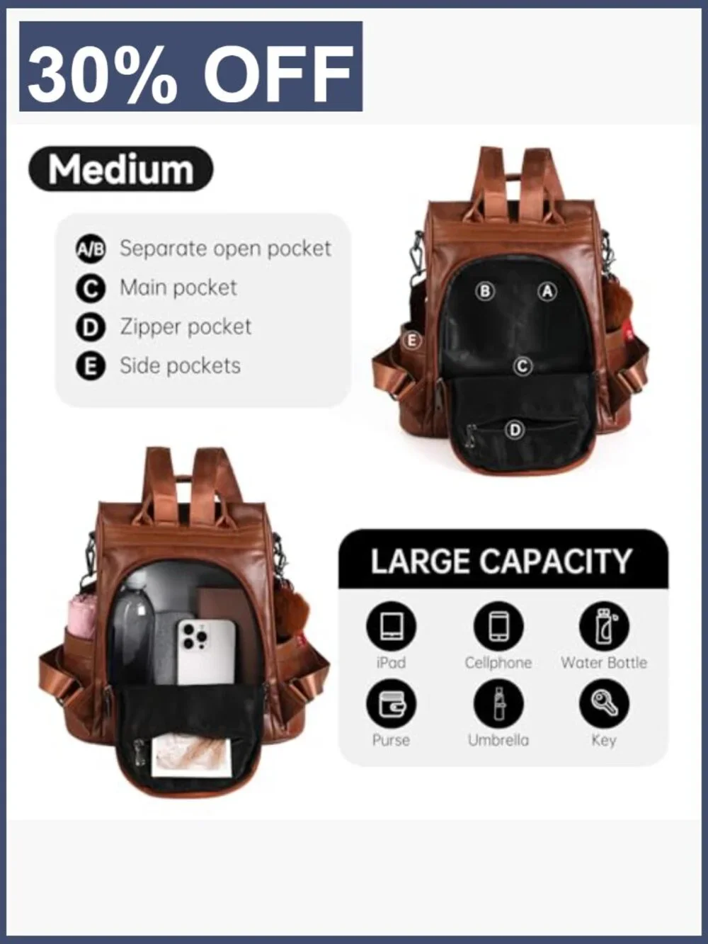 Women's Anti-Theft Vegan Leather Backpack Purse 3-in-1 Tote Shoulder Bag with